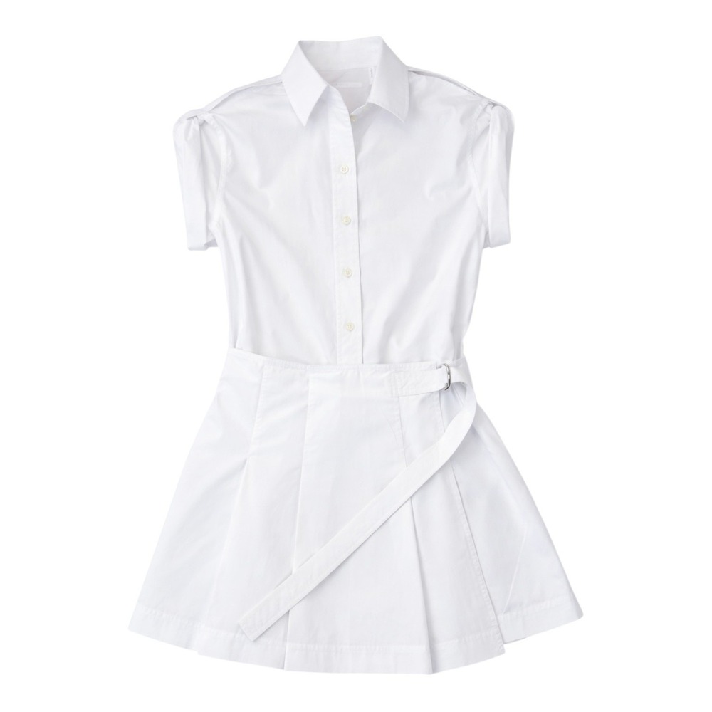 Helmut Lang Structured Shirt Dress White Cotton Blend Belted Pleated Womens Med